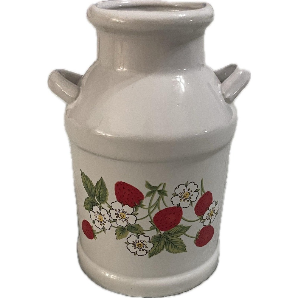 Vintage Ceramic Milk Can Jug Vase Strawberries Cottage Core Farmhouse Decor